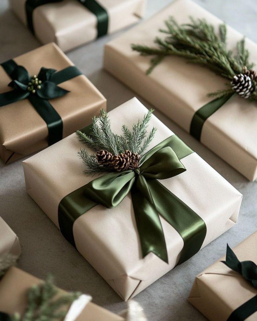 Elegant wrapped Christmas gifts with dark green ribbons and pine sprigs